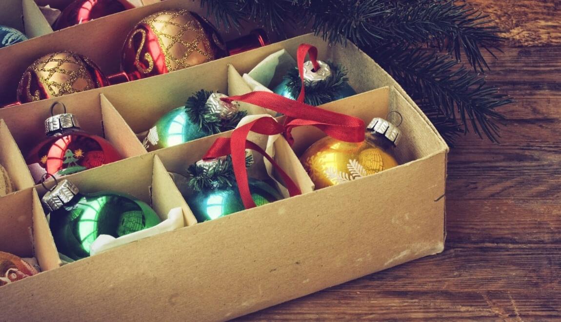 A box filled with Christmas ornaments.