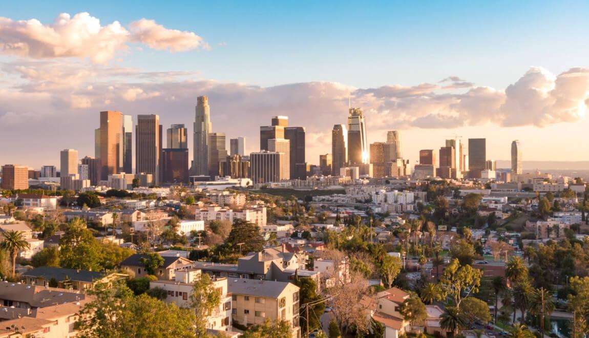 Aerial view of downtown Los Angeles on a sunny day.