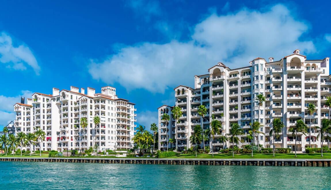 Miami condos sit along the water.