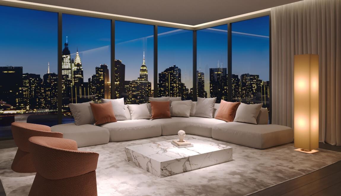 Elegant penthouse apartment living room with city view.