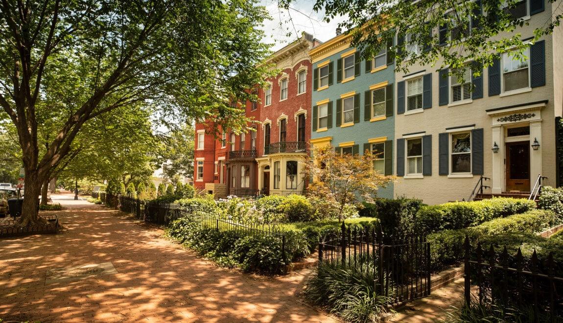 Beautiful homes lining a street in Washington, DC's Capitol Hill neighborhood.