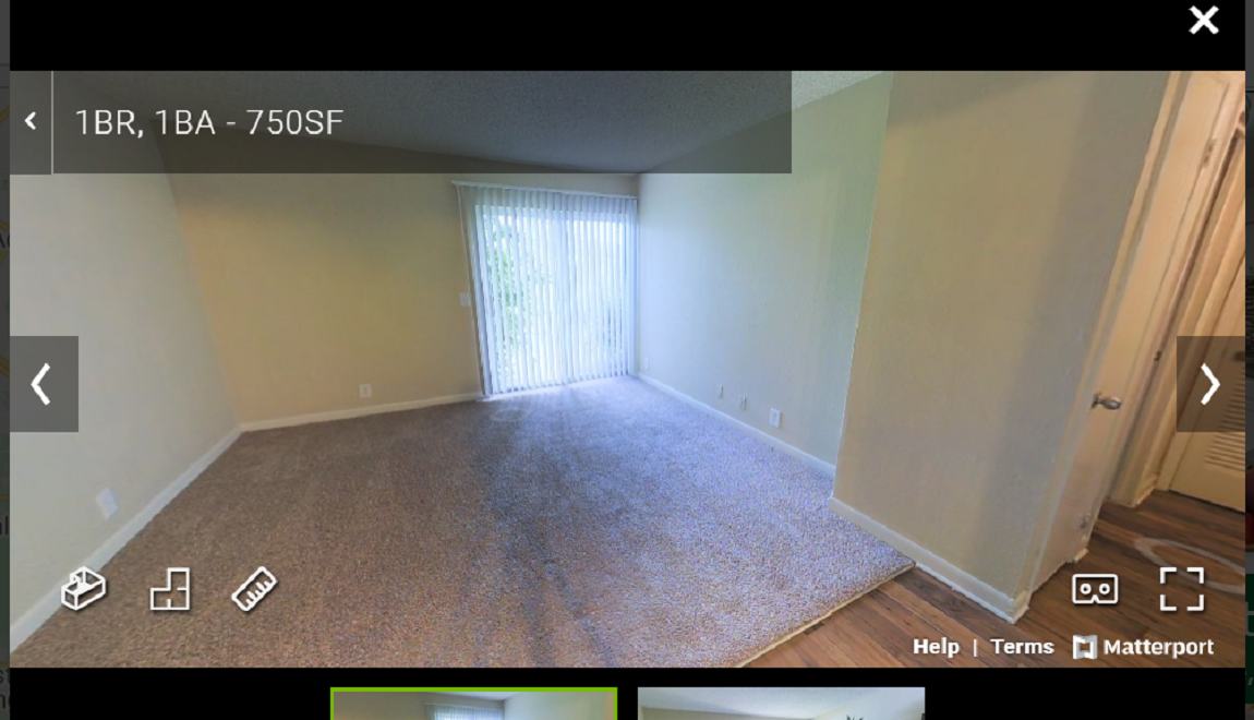 Apartment virtual tour with a ruler for measuring spaces.