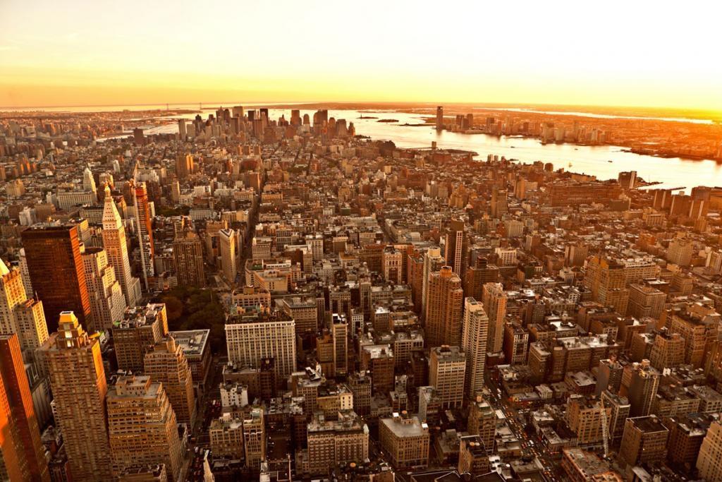 The New York City skyline at dusk