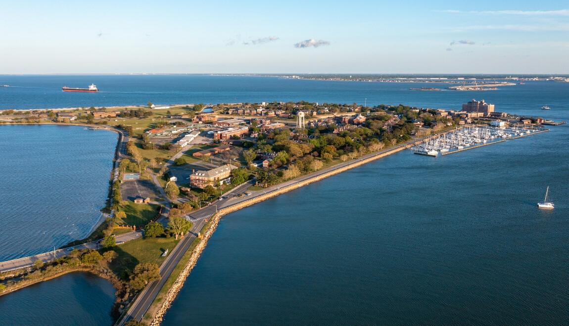 Aerial view of Chesapeake Bay and Norfolk, Virginia. 