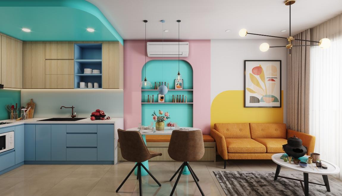 Pink, turquoise, and gold living room with mid-century modern decor.