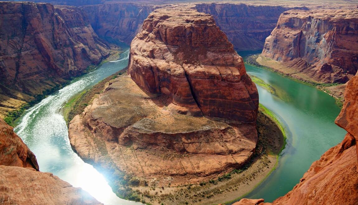 Stunning rock formation and blue water in the Grand Canyon.