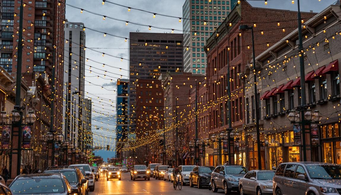 Larimer Street adorned in lights in Denver, Colorado.