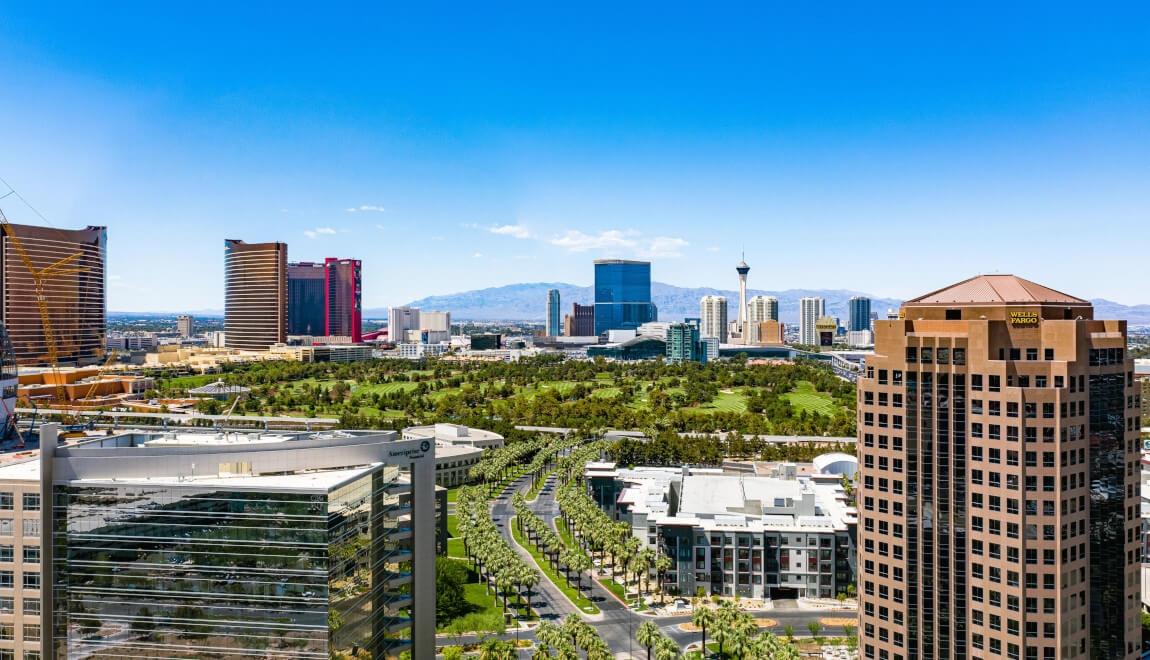 Aerial view of Las Vegas on a sunny day.