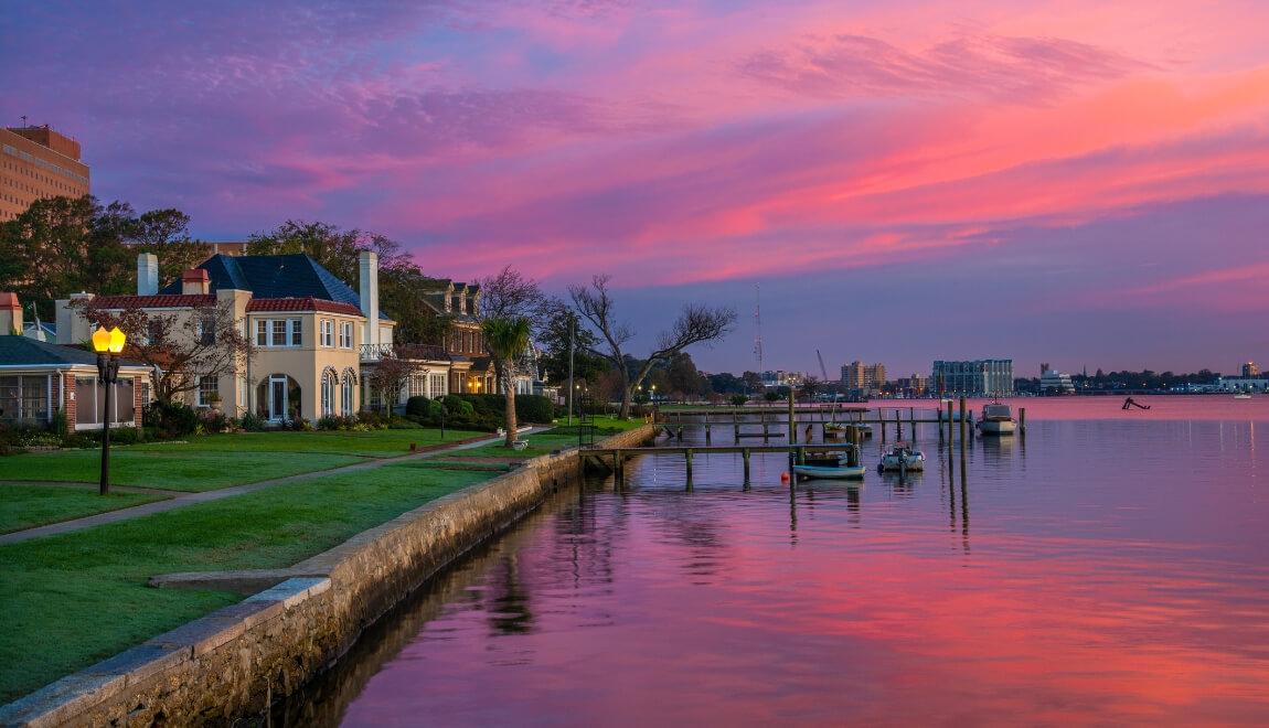 Elegant homes along the water in Portsmouth, VA.