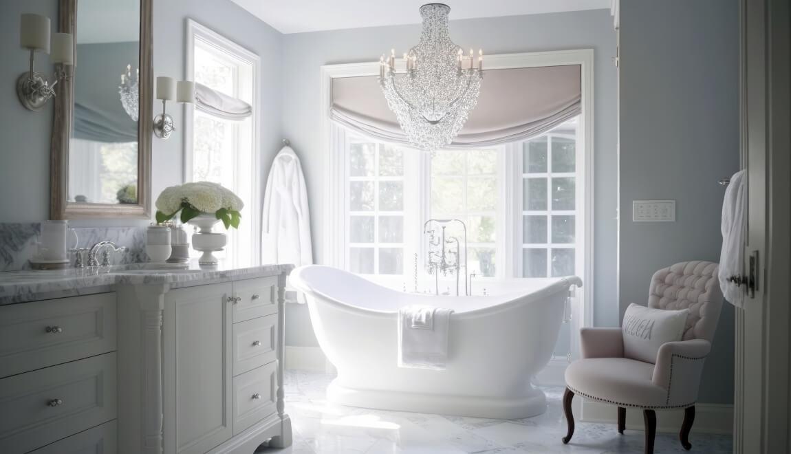 An elegant bathroom containing a chair and other accessories.