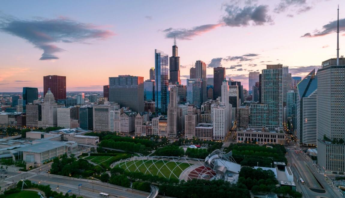 Aerial view of Chicago's East Loop at dusk.