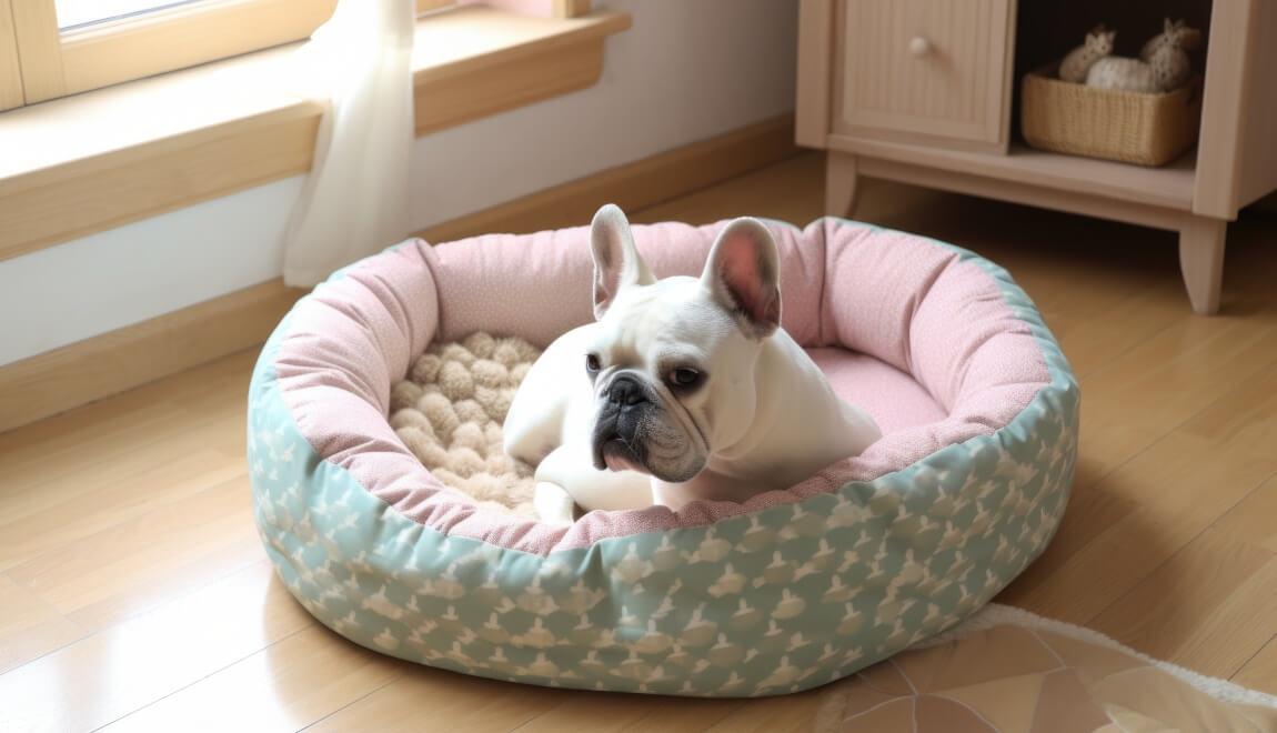 A French bulldog sits in a bed in front of a storage cabinet.