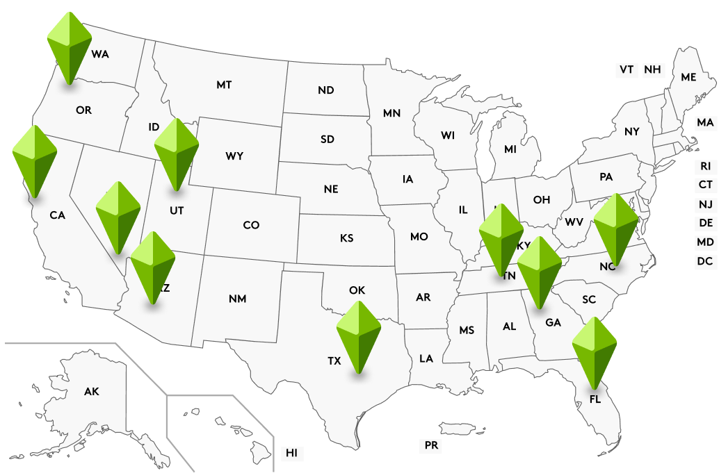 Map of the United States with pins in the states with falling rent prices.