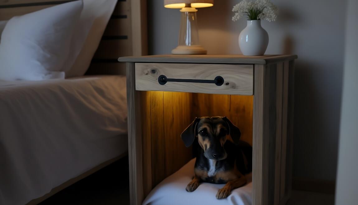 A small dog inside a bedside cabinet that was converted to a dog bed.