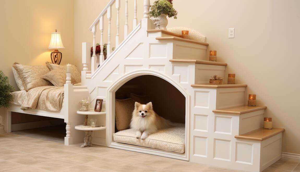 A small dog sitting on a bed beneath stairs.