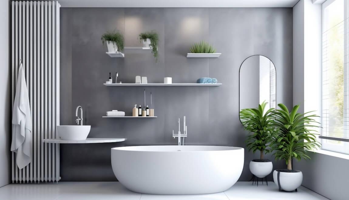 A white and gray bathroom with green plants.