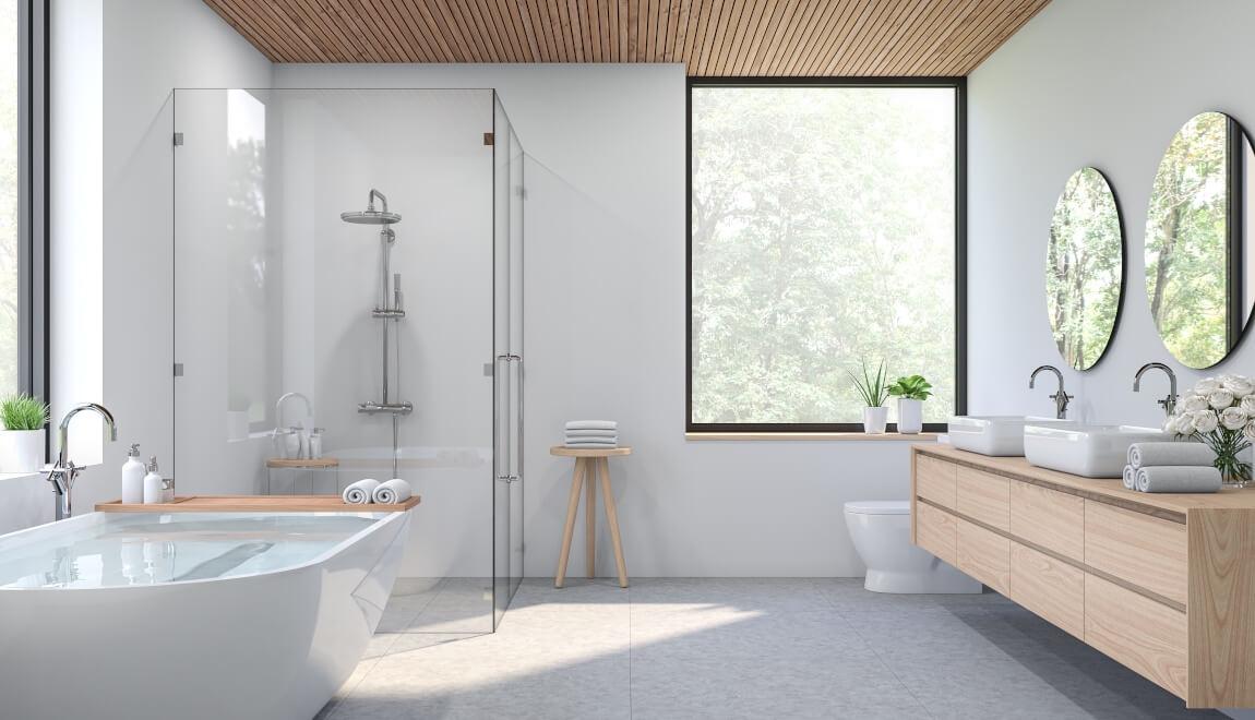 A calming spa-like bathroom in white and beige tones. 