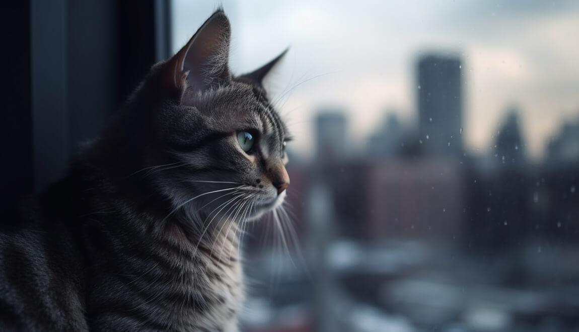 A cat stares out at the city from an apartment window.