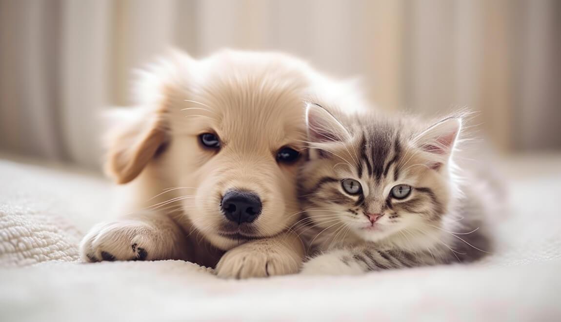 A cute puppy and kitten share a blanket.