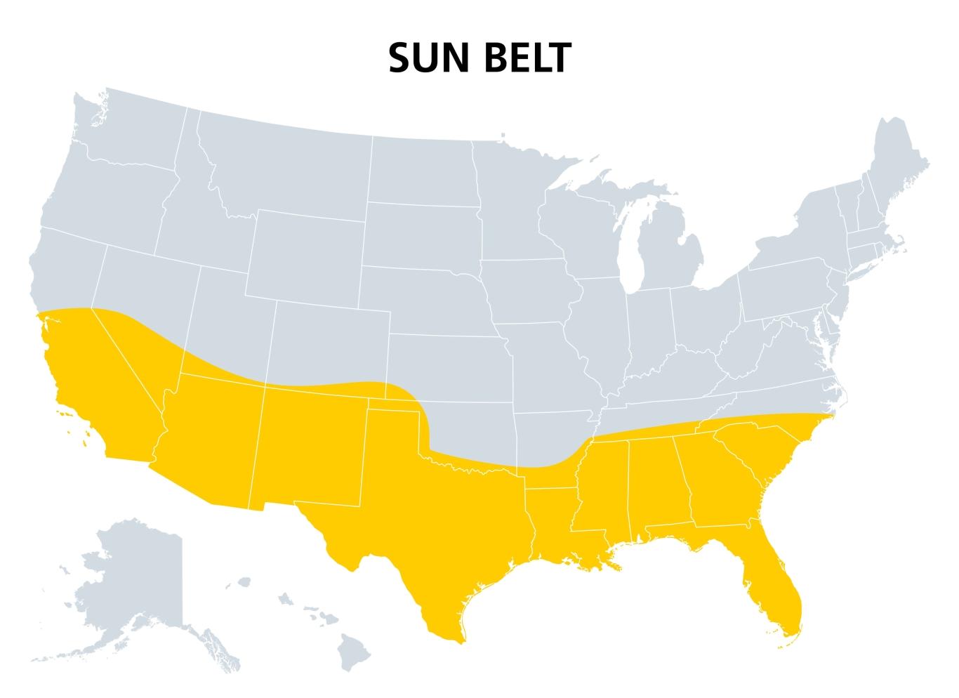 US map with the Sun Belt highlighted