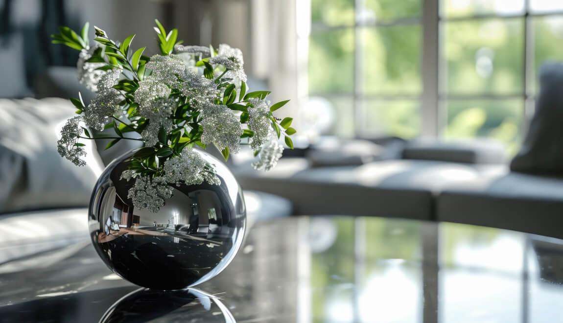 A silver vase filled with white flowers.