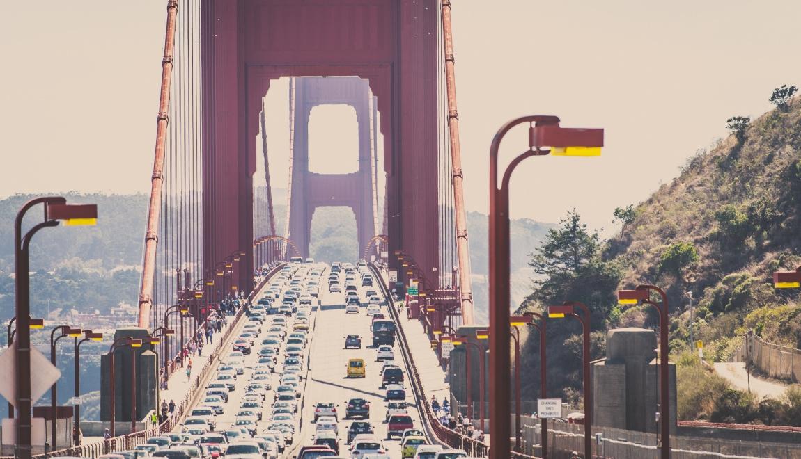 Traffic on the Golden Gate Bridge in San Francisco, California.