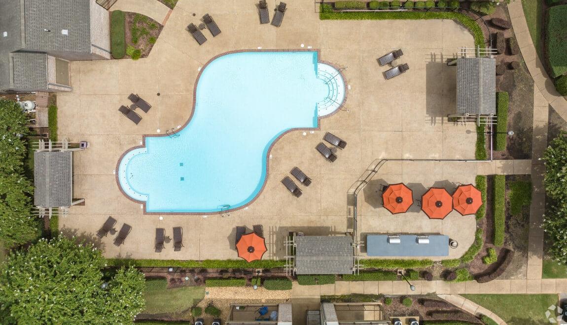 Aerial view of the swimming pool at Centennial Gardens in Memphis.