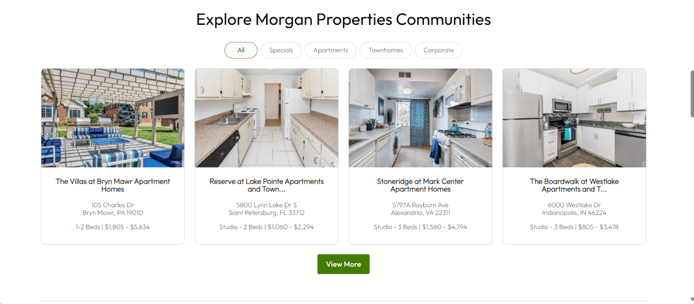 An image of the various properties Morgan Properties advertises on Apartments.com.