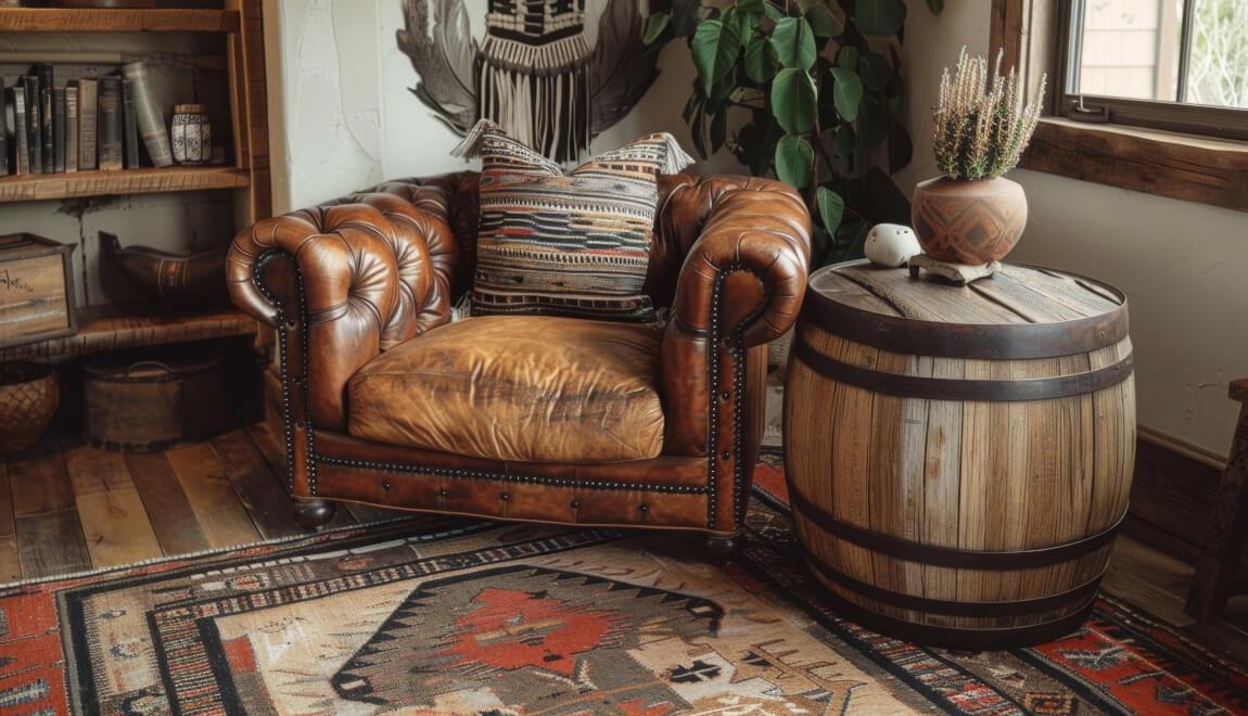 An image of chair and a table with the western style home decor trend. 