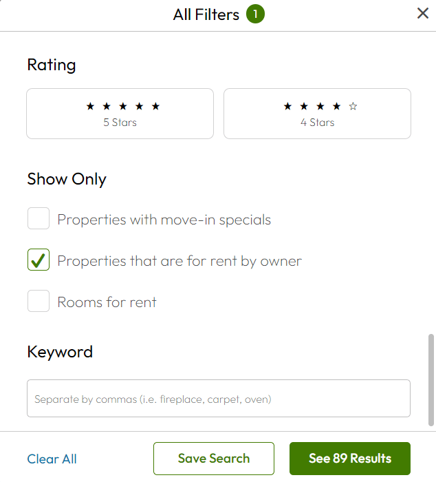 Filter by private landlords by selecting "Show only properties that are for rent by owner" in the "All filters" menu