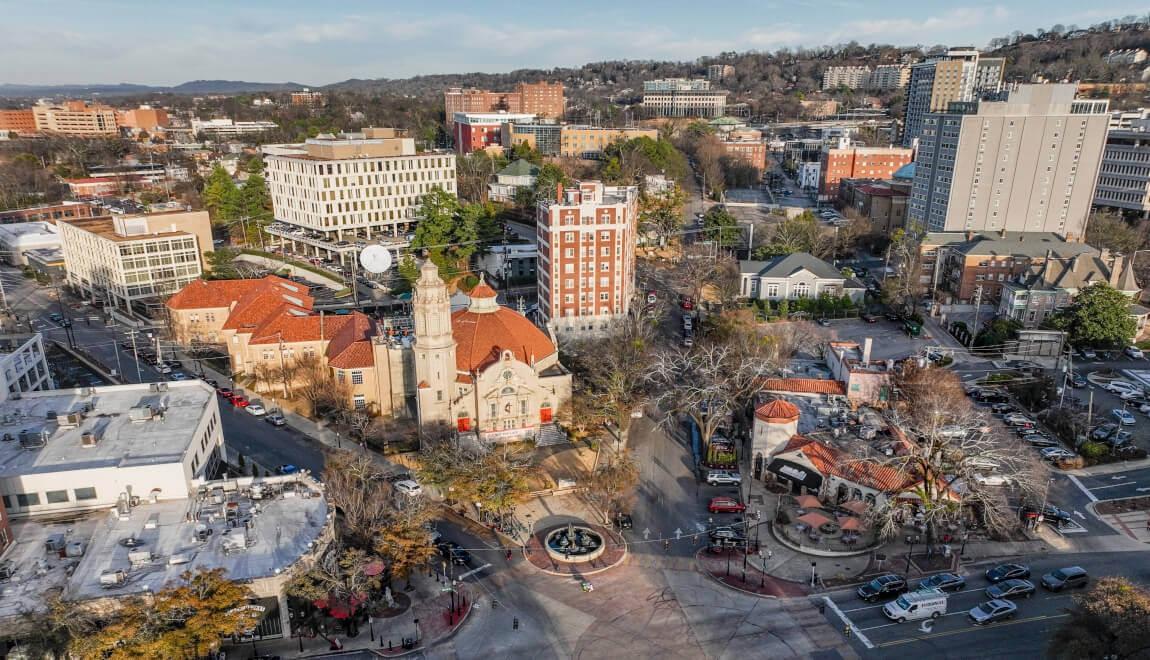 An aerial view of the Five Points South neighborhood in Birmingham, Alabama, shows the five-point intersection that gives the area its name.