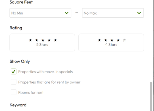 A screenshot of the "show only" section on Apartments.com