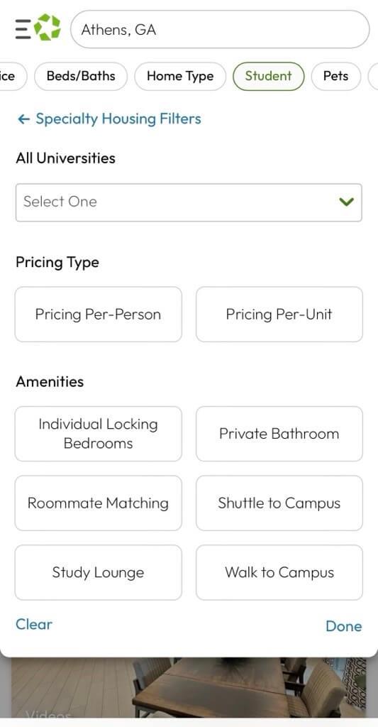 Student filters on Apartments.com