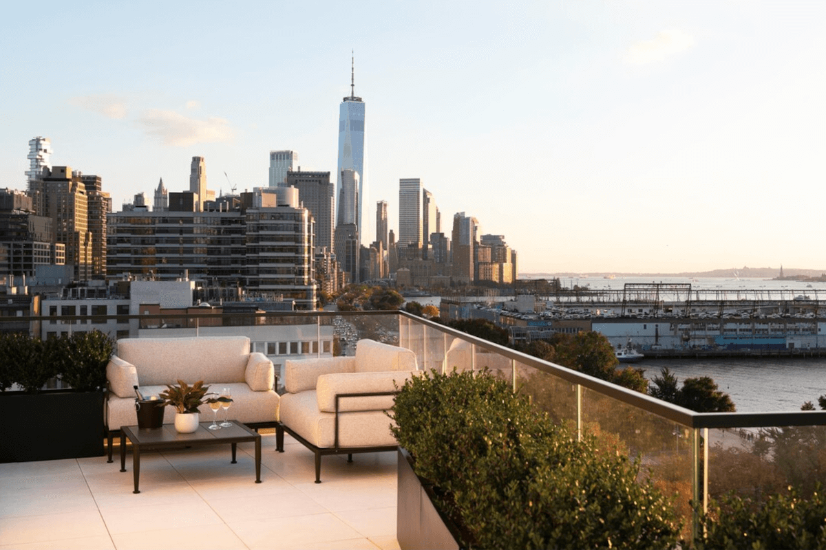 The terrace at 401 West Street looks out onto the Hudson River.