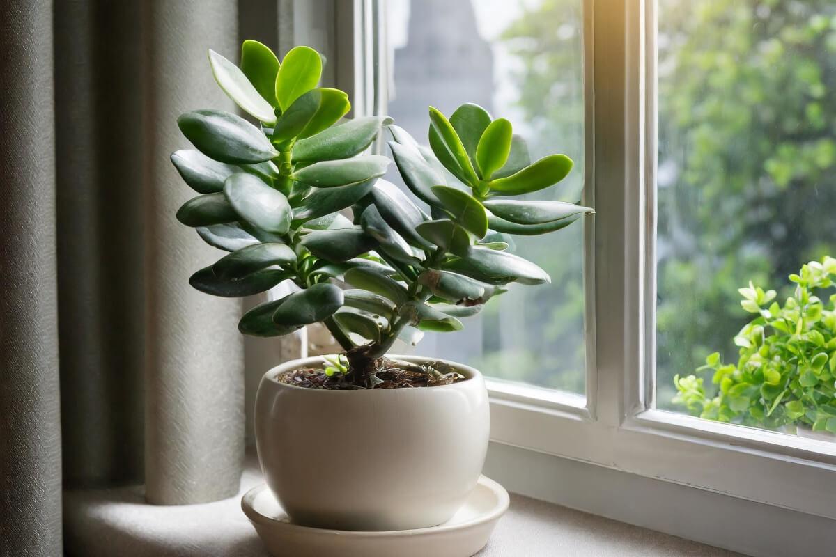 A small jade plant sits on a windowsill in direct sunlight.