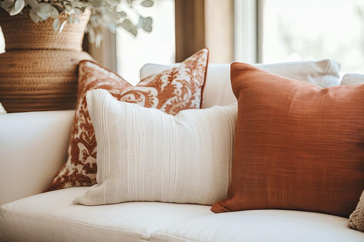Three throw pillows in shades of orange and white rest on a white couch.