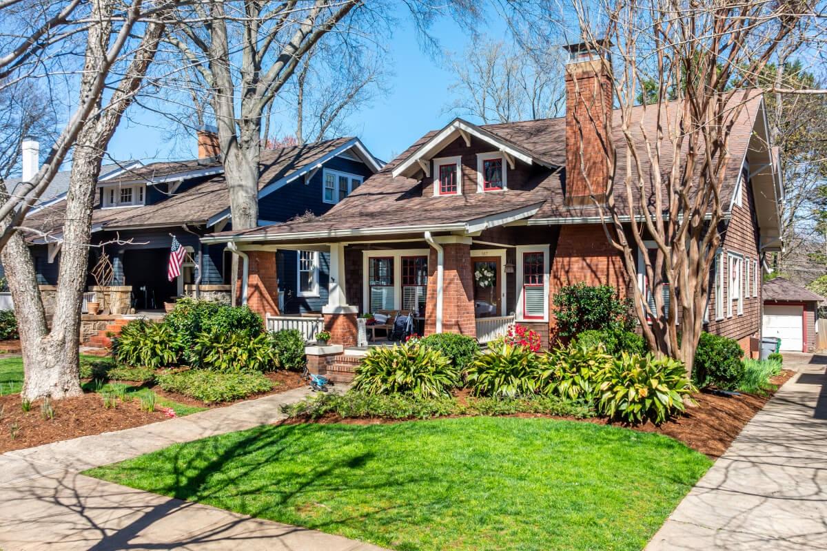The Dilworth neighborhood in Charlotte offers craftsman-style houses with well-kept front yards.