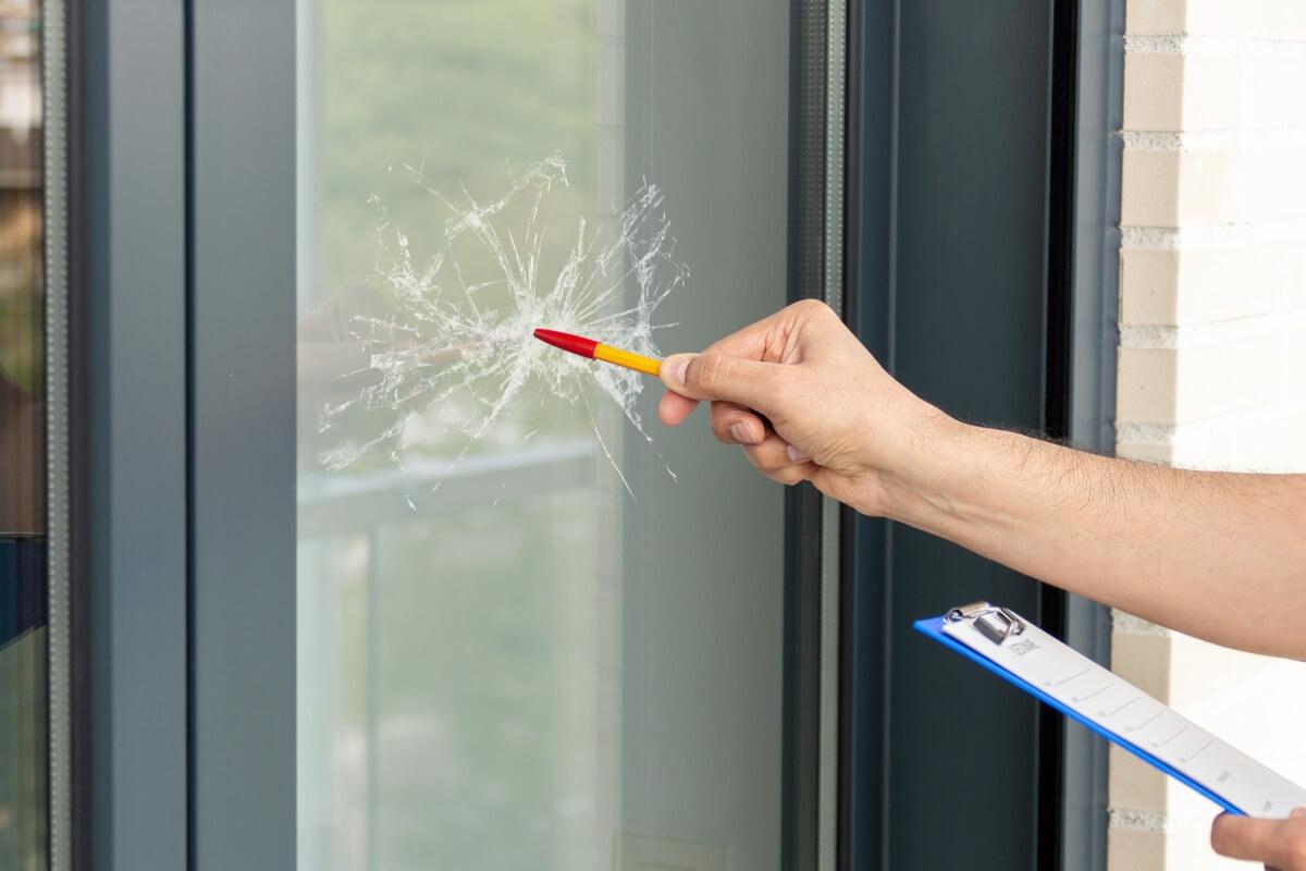 A person assesses a shattered apartment window.