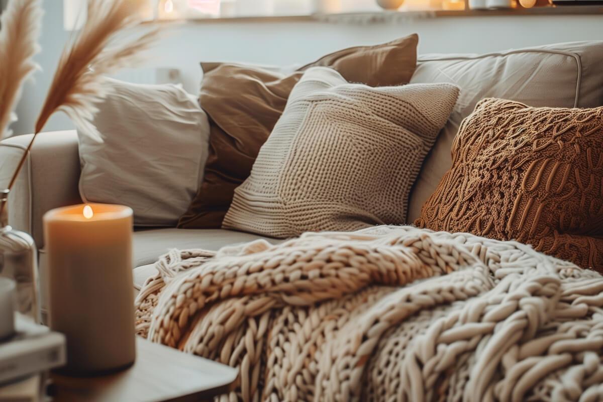 A close-up shot shows a couch autumnal throw pillows and a knit blanket.
