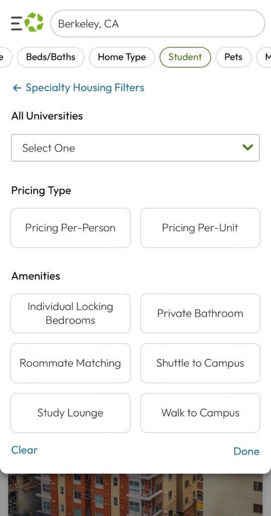 Apartments.com student filters for Berkeley, CA