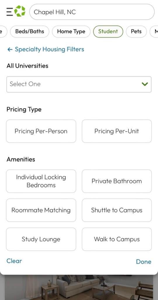 Student filters on Apartments.com for Chapel Hill, NC