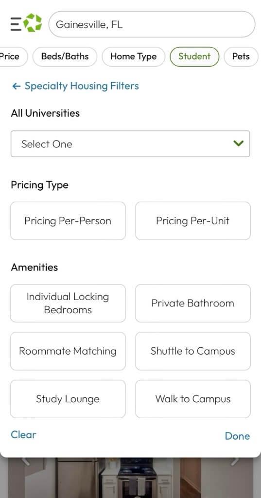 Student filters on Apartments.com for Gainesville, FL
