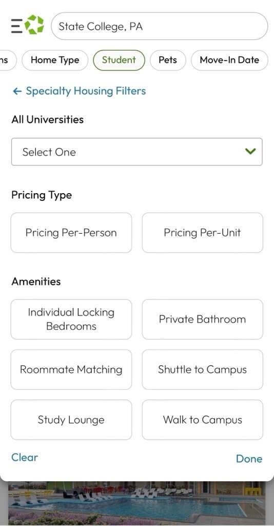 Student filters on Apartments.com