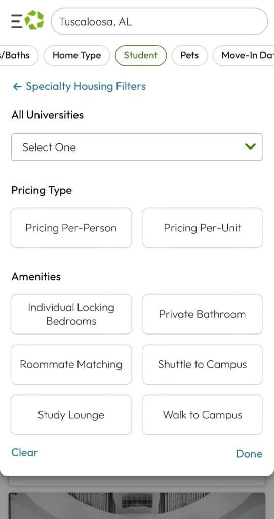 Student filters on Apartments.com for Tuscaloosa, AL