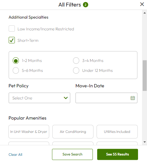 An image of the Apartments.com filter menu with "Short-Term" selected