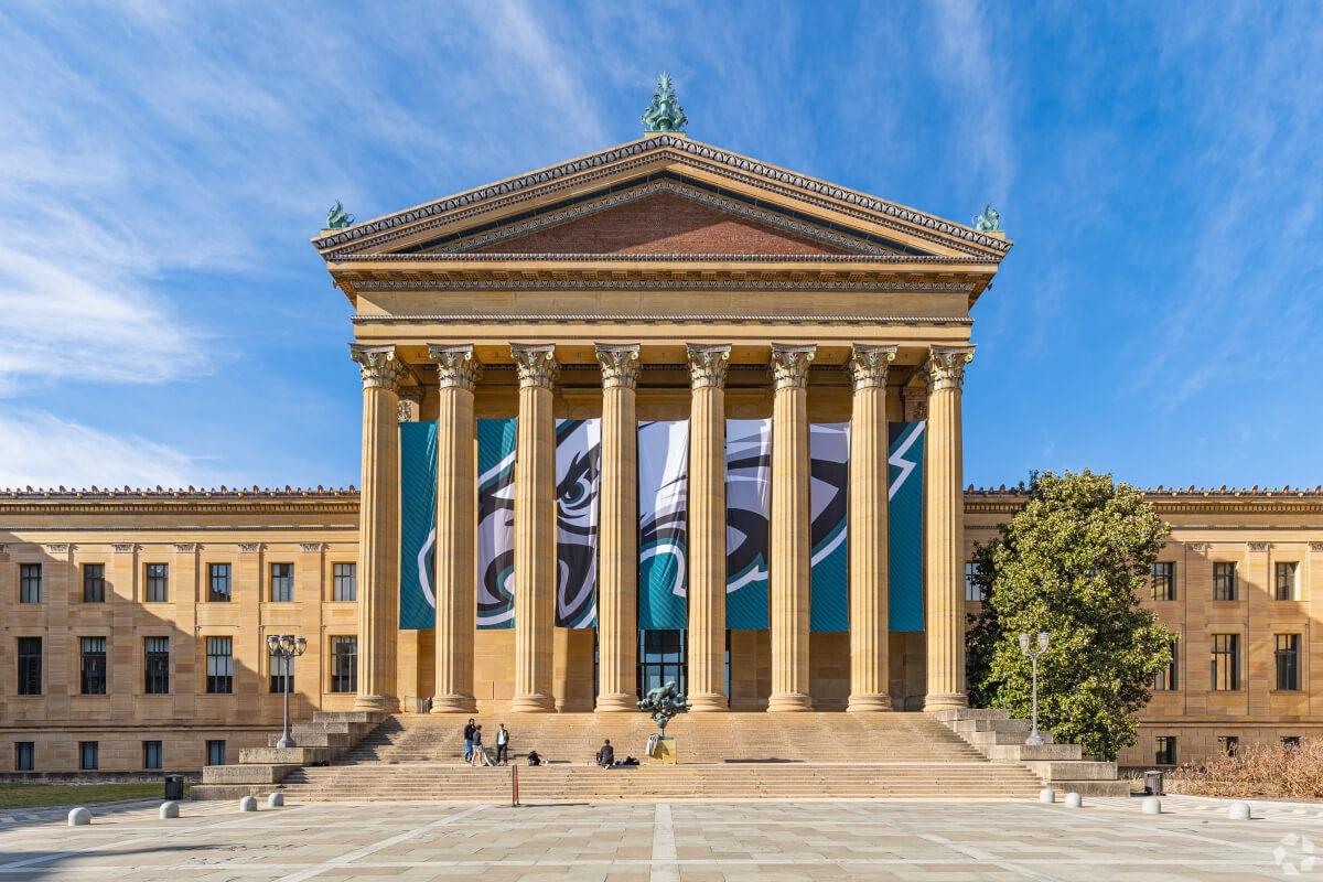 The Philadelphia Museum of Art in Logan Square shows support for the Philadelphia Eagles with a banner at the entrance.