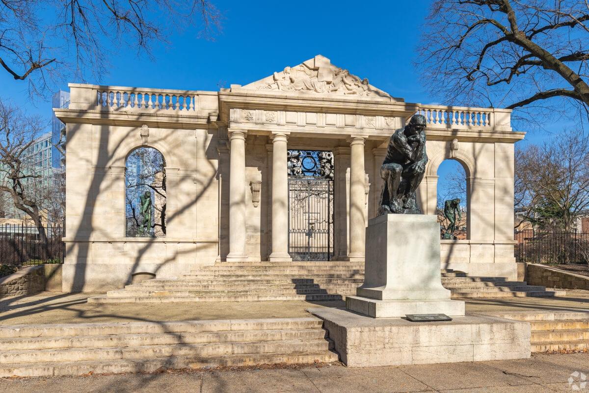 A replica of Auguste Rodin's "The Thinker" sculpture sits outside the Rodin Museum in Philadelphia.