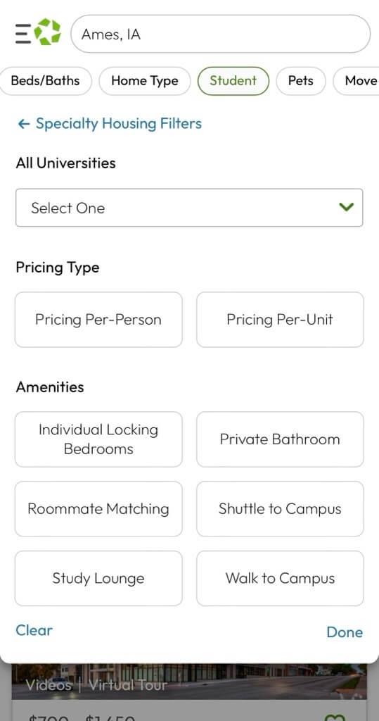 Student filters on Apartments.com for Ames, IA