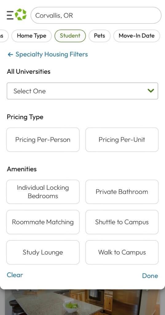 Student filters on Apartments.com for Corvallis, OR