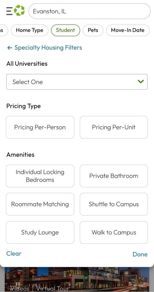 Student filters on Apartments.com for Evanston, IL